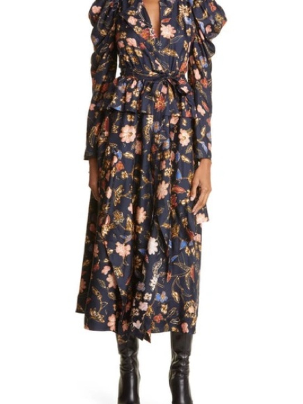 Ulla Johnson Navy Floral Puff-Sleeve Midi Dress